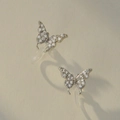 Elegant butterfly ear clips with silver base and sparkling white stones for non-pierced ears - Ear Clip (Single Butterfly)