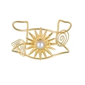 Detail of 18K gold plated wide cuff bangle with hollow sun flower and central pearl - Starburst Sun Pearl Style (Style 5)