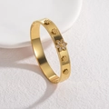 Elegant gold flower bracelet with sparkling crystals on minimalist stainless steel cuff - Six-Petal Flower Style (B1140-bai) / Gold White Zirconia