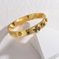 Vintage gold stainless steel bangle with black geometric triangle stones and beaded edges - Star Flower Cluster Style (B1141-hei) / Gold Black Stone