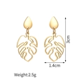 Golden hollow monstera leaf earrings with water drop stud and size dimensions - Gold Waterdrop Leaf