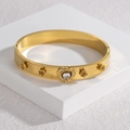 Golden titanium steel bangle featuring rose flower reliefs and brilliant zircon center stone - Rose Flower Style (White Zirconia) / White Zirconia