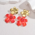 Elegant gold and red acetate flower stud earrings with pearl centers and hammered texture - Red