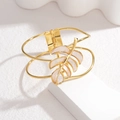 18K gold plated stainless steel open bangle with hollow leaf mother of pearl inlay - White (Mother of Pearl)
