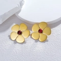 Vintage 18K gold-plated floral stud earrings with red agate stone inlay for women - Gold Flower Red Bead Earrings