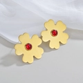 Exaggerated matte gold flower earrings with red gemstone center for women in retro style - Gold Flower With Red Center
