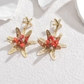 Vintage-Ohrringe mit Seestern, Blumenanhängern, roten Steinen und weißen Perlen - Goldener Seestern Blumenstil