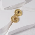 Retro gold plated stainless steel stud earrings with sunburst texture and brown natural stone - Round Tiger's Eye (E561)