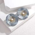 Vintage titanium steel stud earrings with grey marble texture and white pearl flower - Black