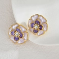 Elegant 18K gold plated purple flower earrings with sparkling central zircon stone - Purple Camellia (E976-zi)