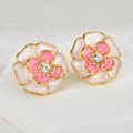 French vintage 18K gold plated flower earrings with pink enamel and crystals - Pink White Camellia (E976-fen)