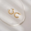 14K gold plated C-shaped stainless steel hoop earrings with textured cube bead design - Gold