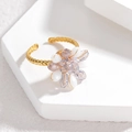 Chic handmade beaded flower ring with gold twisted band and clear crystals - Gray