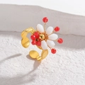 Anello vintage regolabile in oro con perle di cristallo bianche e rosse a fiori - Stile Perline di Fiori Rossi e Bianchi (R828) / Rosso