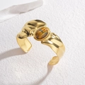 18k gold plated stainless steel wavy open bangle featuring a natural tiger eye stone - Gold with Tiger's Eye (B1168)