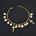 Pulsera de acero inoxidable 304 dorado con perlas, corazones y cruces de mujer - Estilo Cruz Corazón Perla Dorada (B48)
