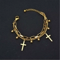 Hip hop style gold double-layer chain bracelet with cross pendants and ball charms - Gold (B34-02)