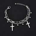 Double-layered silver cross bracelet with chunky paperclip chain and metal beads - Silver (B34-01)