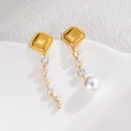 Elegant asymmetrical long tassel pearl drop earrings with gold square studs and zircons - Asymmetric Gold Tassel Pearl Style (E992)