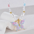 Colorful butterfly pearl necklace with gold accents on a white geometric display stand - Butterfly Style (N2211-hudie)