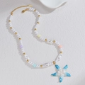 Colorful pearl necklace with blue starfish pendant and star beads in stainless steel - Starfish Style (N2211-haixing)
