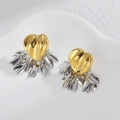 Pendientes de corazón en acero inoxidable 304 con borlas de hojas plateadas y oro - Estilo Borla Corazón Dorado Hoja Plateada (E1016)
