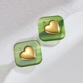 Vintage green textured square earrings with a metallic gold heart center on white background - Transparent Dark Green
