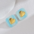 Modern light blue striped square stud earrings with central gold 3D heart detail - Light Blue Gradient Texture