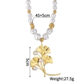 Detailed view of ginkgo leaf pendant with pearls on 45+5cm gold beaded necklace - Pearl Ginkgo Leaf Style (N2213-D)