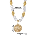 Detail of pearl necklace featuring a golden hollow round pendant and frosted metal beads - Hollow Lace Round Style (N2213-E)