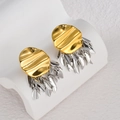 Pendientes modernos bicolor con hojas ovaladas plisadas y borlas de acero inoxidable - Contraste de Color Oro y Plata (E1026)