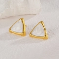 Macro shot of 18K gold plated triangle stud earrings with white spiral inlay texture - White