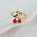 Süßer vergoldeter Kirschring, verstellbar mit roter und grüner Emaille für Damen - Kirsch-Stil (R837-yingtao)