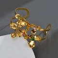 18k gold-plated stainless steel open bangle with multi-colored 3D floral gemstone designs - Gold Flower Style (B1181)