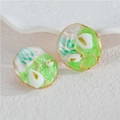 Green marble enamel round stud earrings with golden edges and shell accents - Green Marble Pattern (E1050-lv)