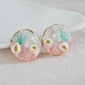 Close-up of candy-colored enamel round stud earrings with pink and green wave textures - Pink Marble Pattern (E1050-fen)