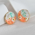 Elegant candy-colored round stud earrings with gold trim and white artistic painting - Orange Marble Pattern (E1050-ju)