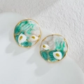 Artistic round stud earrings with gold trim and marble-textured ocean shell design - Blue Marble Pattern (E1050-lan)