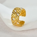 Elegant gold-plated stainless steel open ring with woven texture and white enamel - Gold + White Enamel