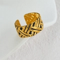 Vintage golden stainless steel open ring with woven texture and retro industrial finish - Gold + Black Enamel