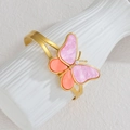 18K gold butterfly open bangle with pink enamel wings and a center pearl detail - Pink (B1196-fen)
