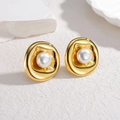 Minimalist geometric gold pearl stud earrings with organic texture on a stone background - Organic Round Lava Style (E1060-yuan)