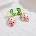 Sweet strawberry stud earrings in pink and white enamel with gold metal frame - Pink White Gradient Strawberry (E1081-fen)
