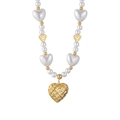 Bohemian style necklace with white heart pearls and large golden openwork heart pendant - Hollow Woven Heart Style (N2213-H)