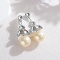 Elegant silver metal drop earrings with zircon leaf design and large white pearls - Silver Style (E1085-01)