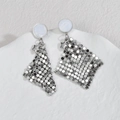Silver mesh drop earrings with white round studs and small star charms on white surface - Silver (E1094-01)
