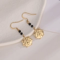14K gold plated stainless steel drop earrings featuring black beads and bee coin pendants - Vintage Bee Coin Style (E393-Chong)