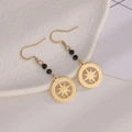 Detailed close-up of 14K gold plated star pendant earrings with black faceted beads - Black Beaded Hollow Star Style (E393-BMX)