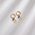 Detailed macro view of 14K gold plated hoop earrings with blue stone and star charms - Dark Blue Sandstone Hollow Star Plate Style (E394-Xing)