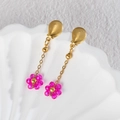 Gold shell earrings with pink floral beads and fine chain on a decorative shell tray - Rose Red (E1104-meihong)